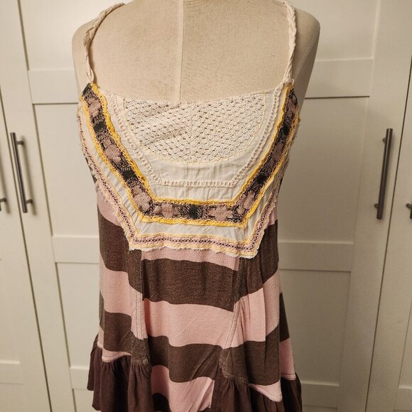 Free People Y2K striped racerback tunic t-shirt size Medium pink and brown - Picture 1 of 6